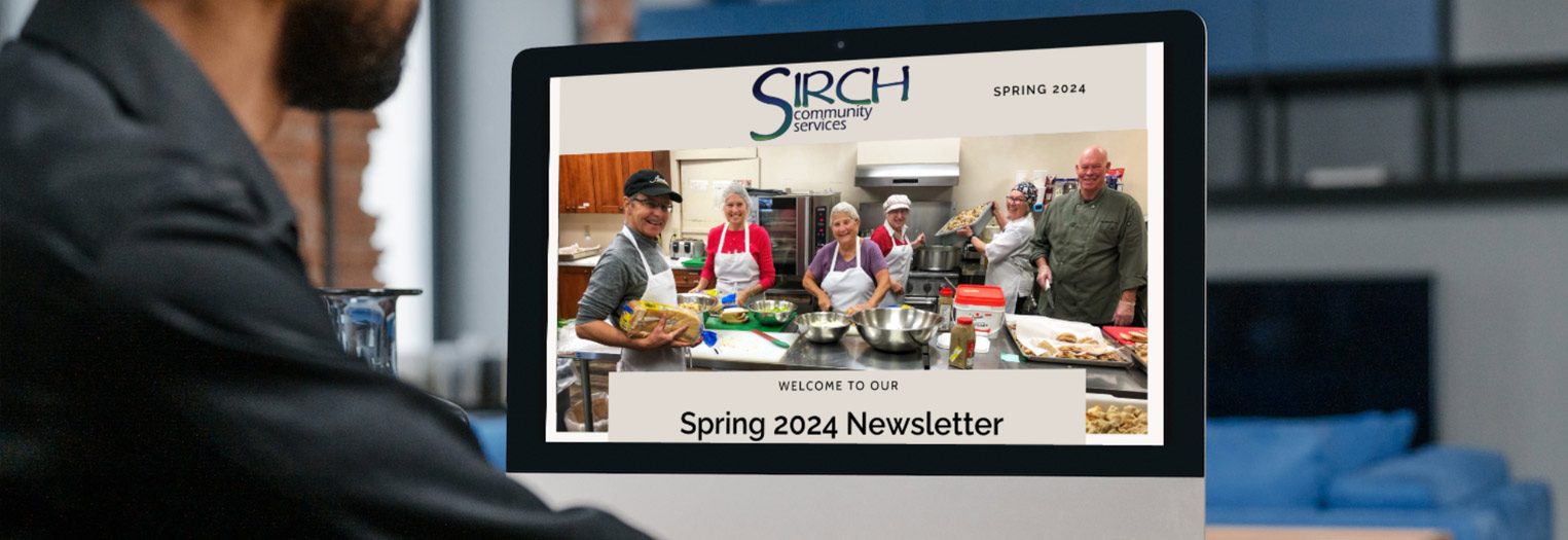 SIRCH newsletter is shown on a screen